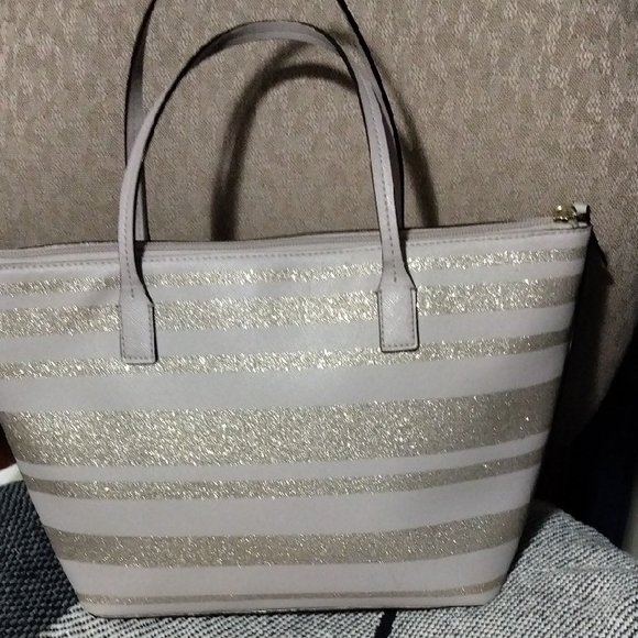Kate Spade  Silver Glitter Striped Tote Bag - Picture 2 of 6